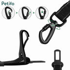 Step-by-step locking instructions and hardware details for the pet car seat belt.