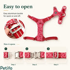 Step-by-step visual instructions demonstrating how to easily open and fasten the heavy-duty aluminum buckle on the floral dog harness.