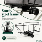 Close-up technical view of the heavy-duty adjustable steel clamp designed for secure mounting on bicycle parcel holders.