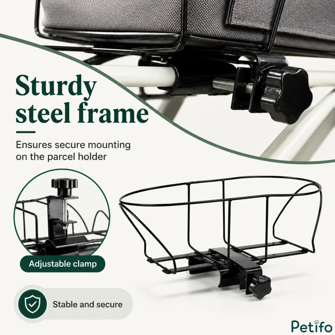 Close-up technical view of the heavy-duty adjustable steel clamp designed for secure mounting on bicycle parcel holders.