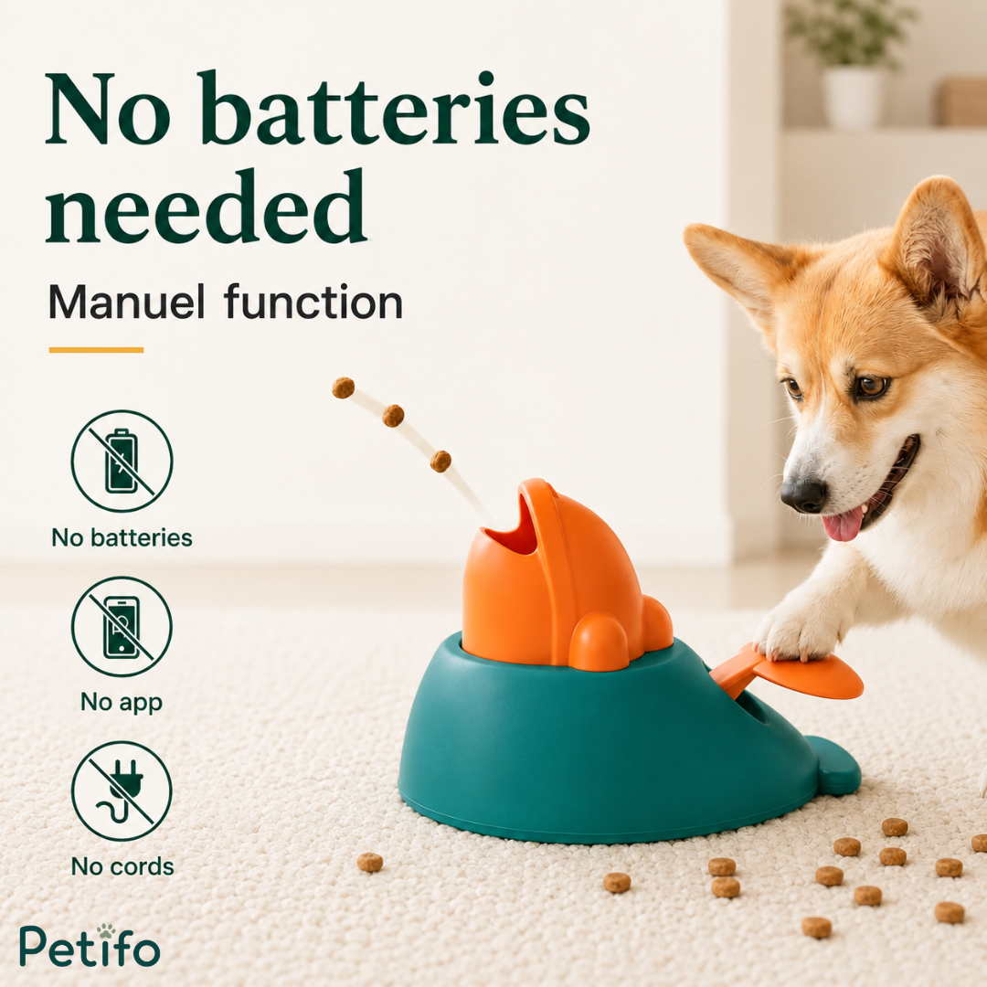Petifo manual treat launcher infographic highlighting that it requires no batteries, no apps, and no cords for operation.