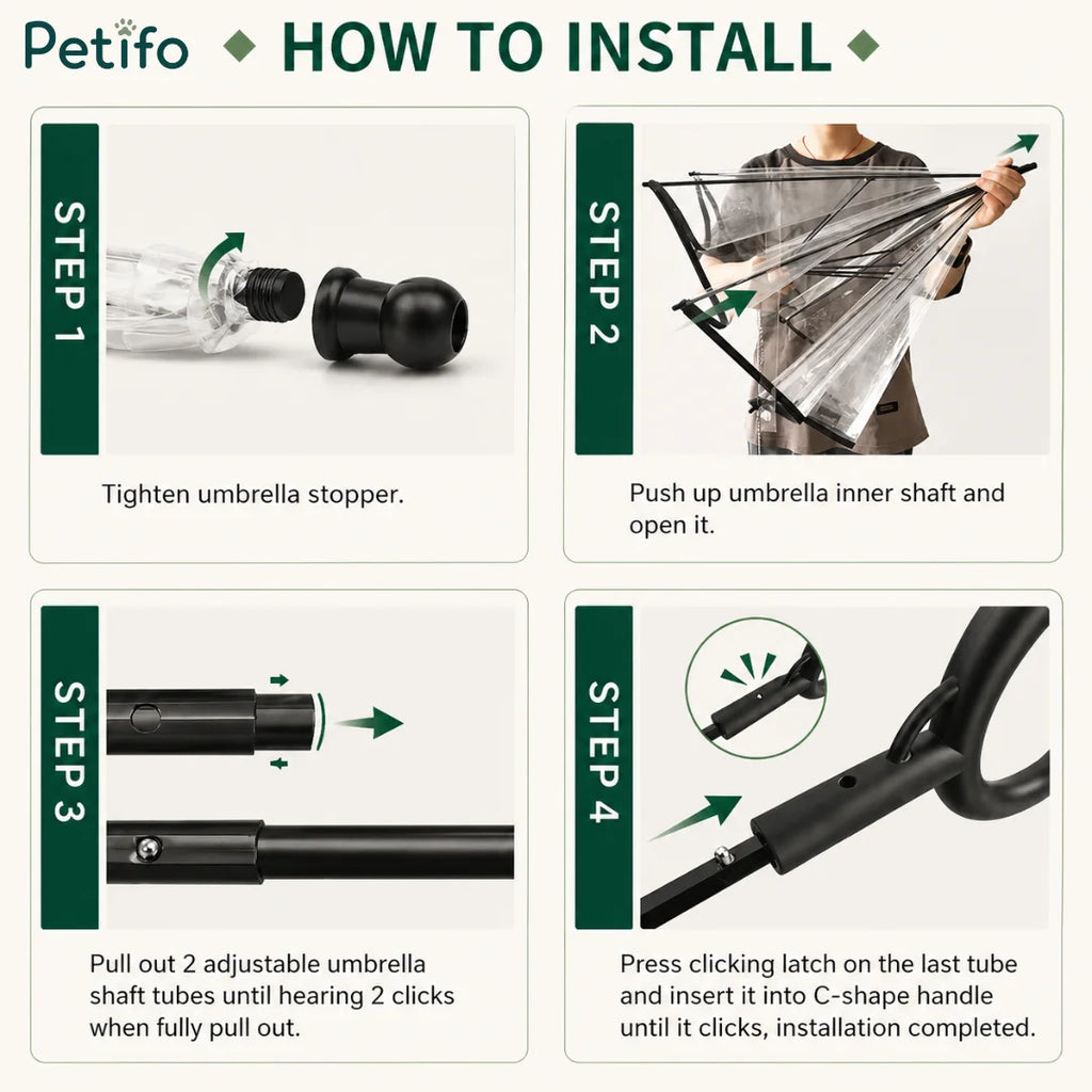 A step-by-step instructional graphic demonstrating how to assemble and open the pet umbrella.