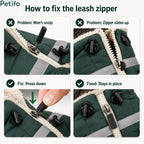 Instructional guide detailing how to fix and adjust the jacket's leash zipper by pressing down the slider mechanism.