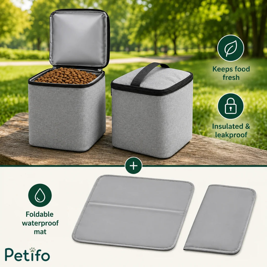Petifo insulated gray dog food storage containers and foldable waterproof mat.