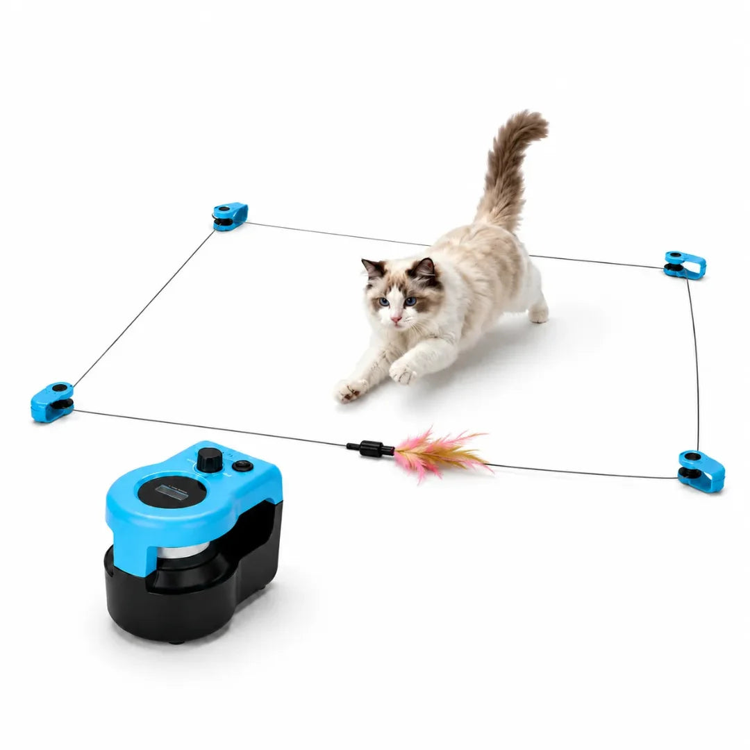 Fluffy cat chasing an interactive robotic automatic cat toy with a moving feather teaser on a white floor.