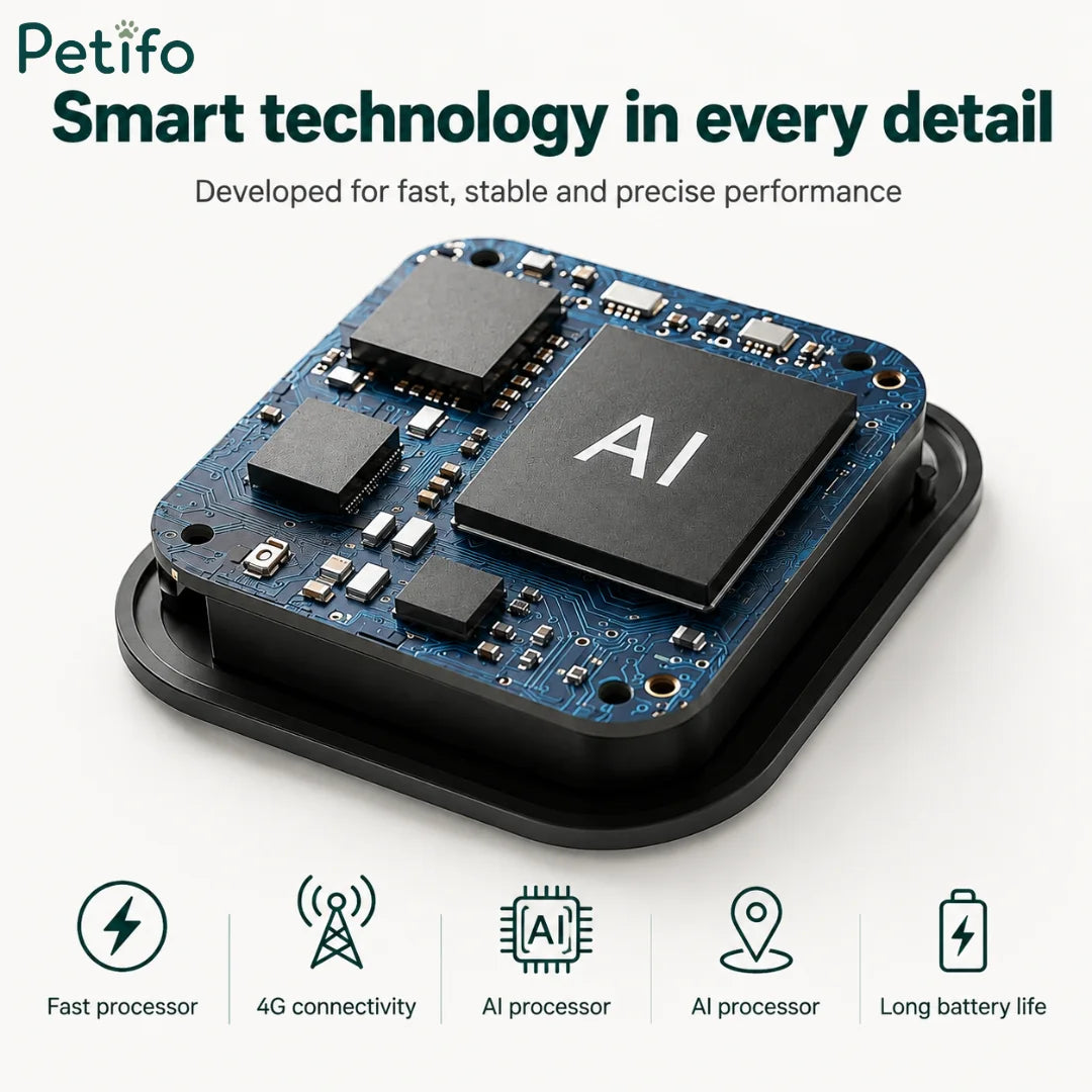 Close-up of the Petifo smart pet tracker's internal AI chip and circuit board, highlighting its fast processor, 4G connectivity, and long battery life capabilities.