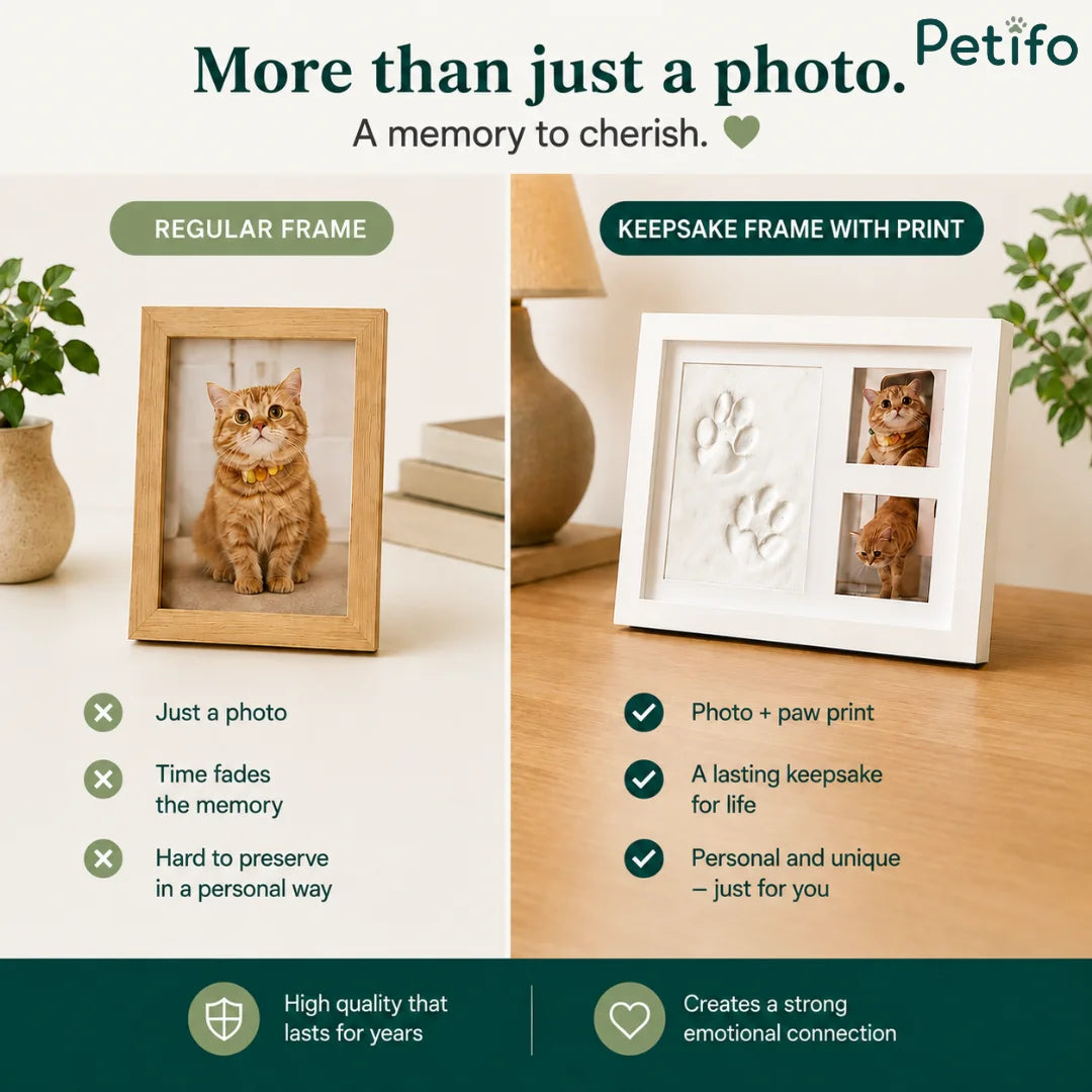 Comparative infographic highlighting the emotional value of a keepsake frame with paw print casting over a regular photo frame.