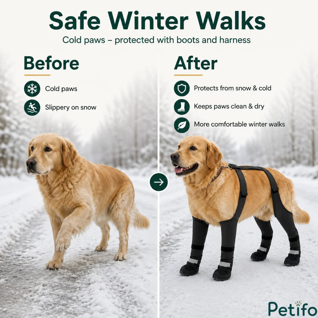 Before-and-after winter walking comparison showing a dog's cold paws protected and kept dry with full-coverage winter boots and harness.