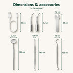 Detixy ultrasonic pet dental scaler kit accessories and precise dimensions for the included teeth cleaning tools.