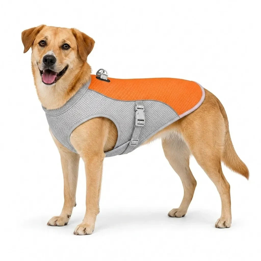 Medium-to-large yellow dog wearing an orange cooling vest in size large.