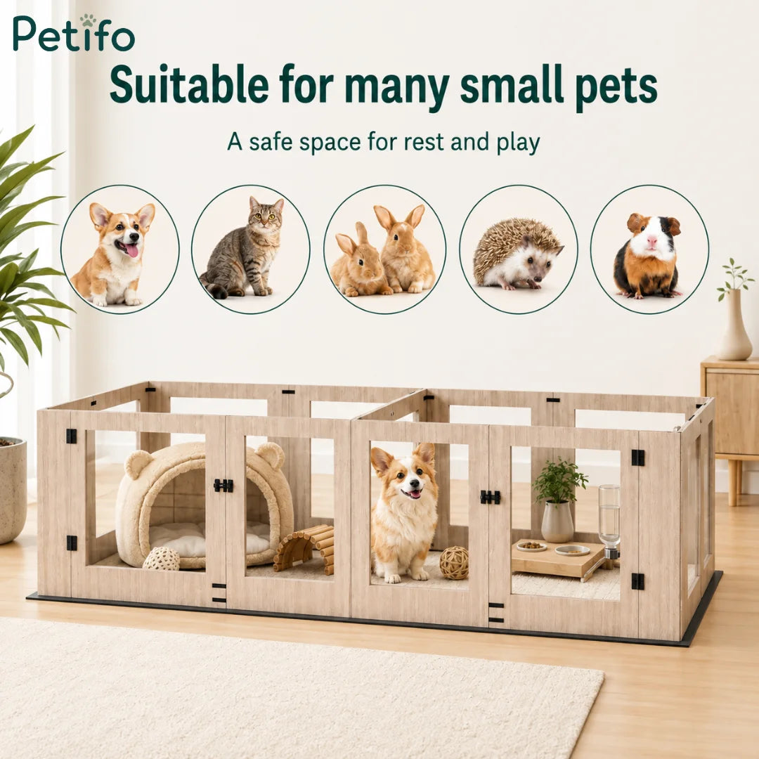 Lifestyle marketing image showing the Petifo multi-panel playpen configured as a safe space for various small pets, including dogs, cats, rabbits, hedgehogs, and guinea pigs.