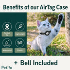 Product benefits overview highlighting lightweight, waterproof, elastic, and perfect fit features with a cute cat playing outdoors.