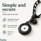 Lightweight electronic microchip tag featuring a secure attachment loop designed to hang neatly on a collar strap.