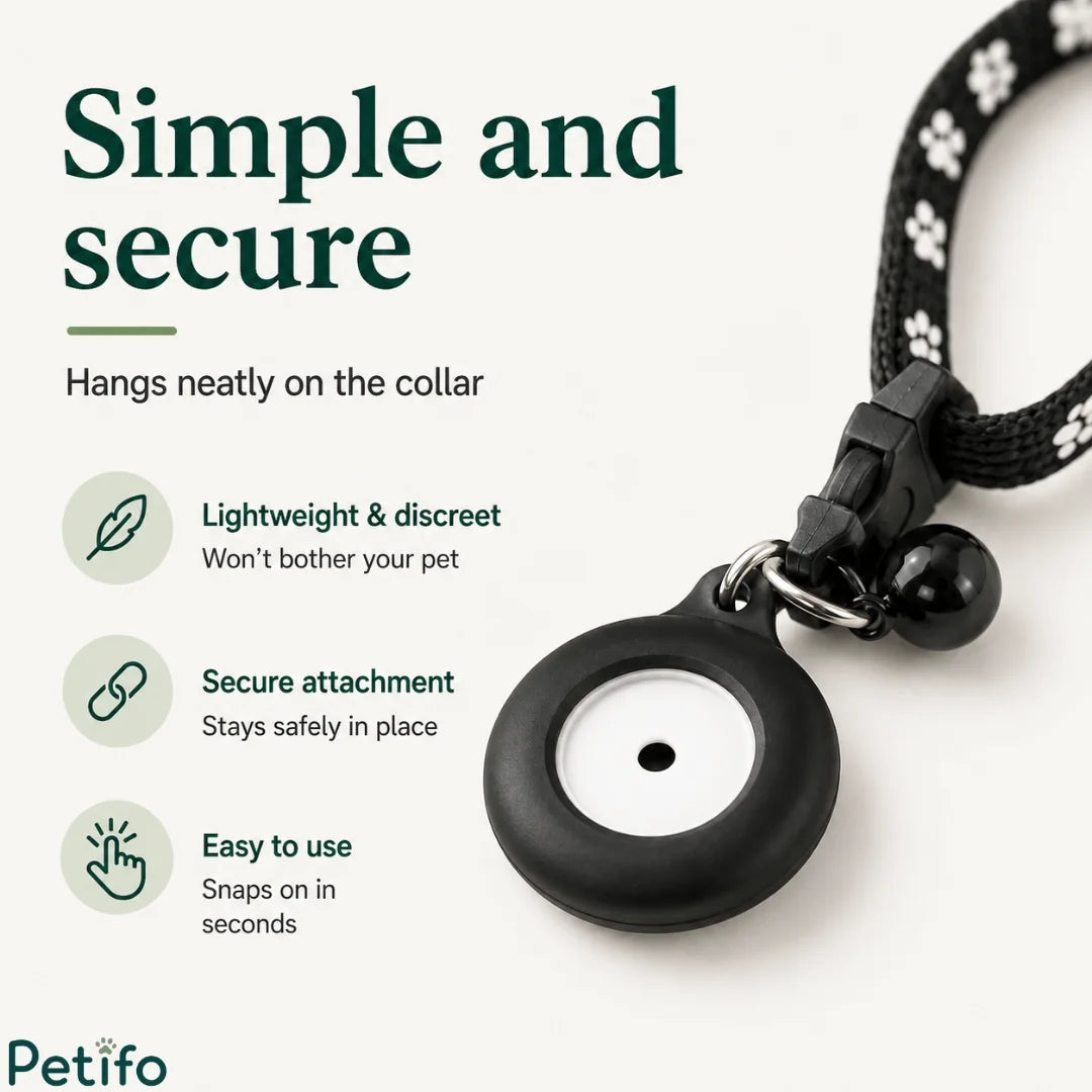 Lightweight electronic microchip tag featuring a secure attachment loop designed to hang neatly on a collar strap.