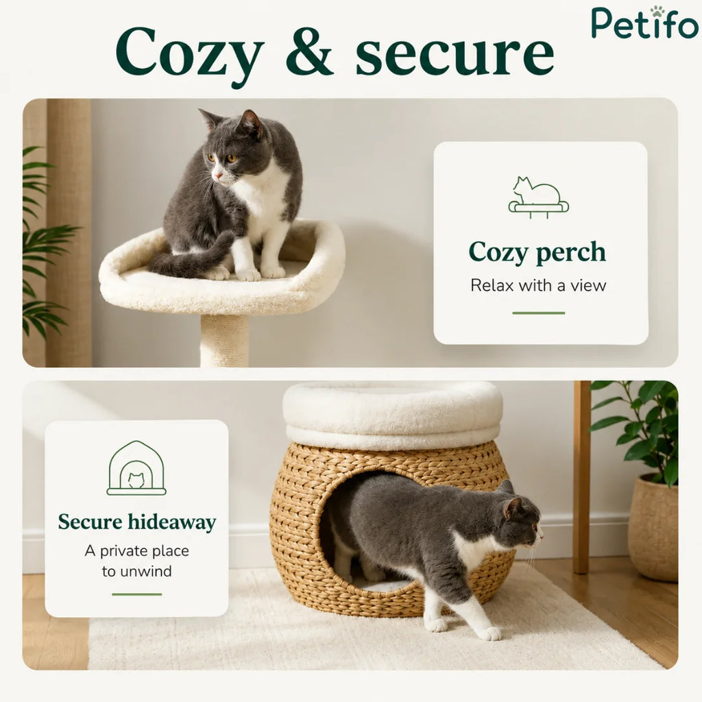 Lifestyle feature highlights showing a cat relaxing on the top plush observation perch and another entering the secure lower hideaway.
