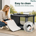 Woman removing the soft white plush mat from the portable dog crate for effortless machine washing.