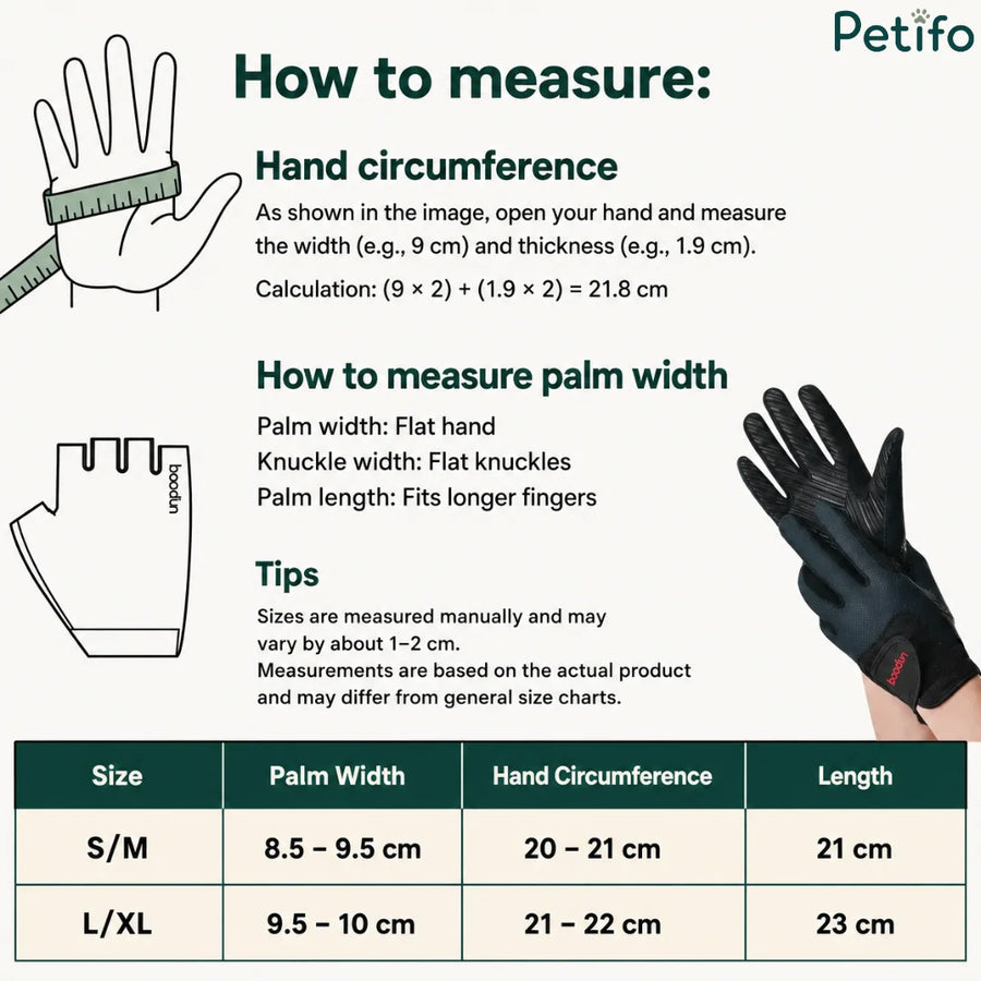 Infografik med størrelsesskema og måleguide til ridehandsker med håndmål