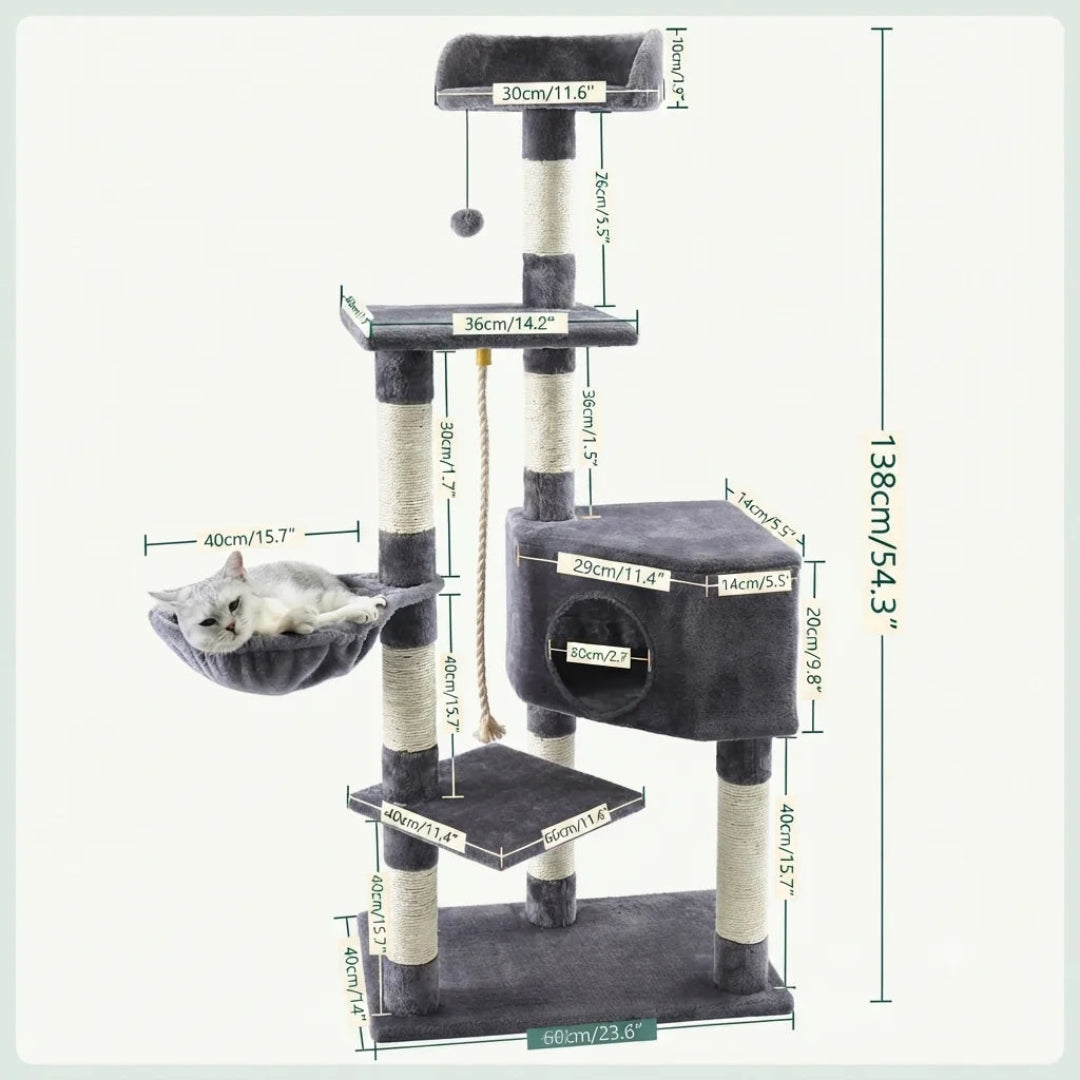 A technical diagram showing the dimensions of a grey multi-level cat tree, with measurements for platforms, the central condo, and overall height of 138 cm.
