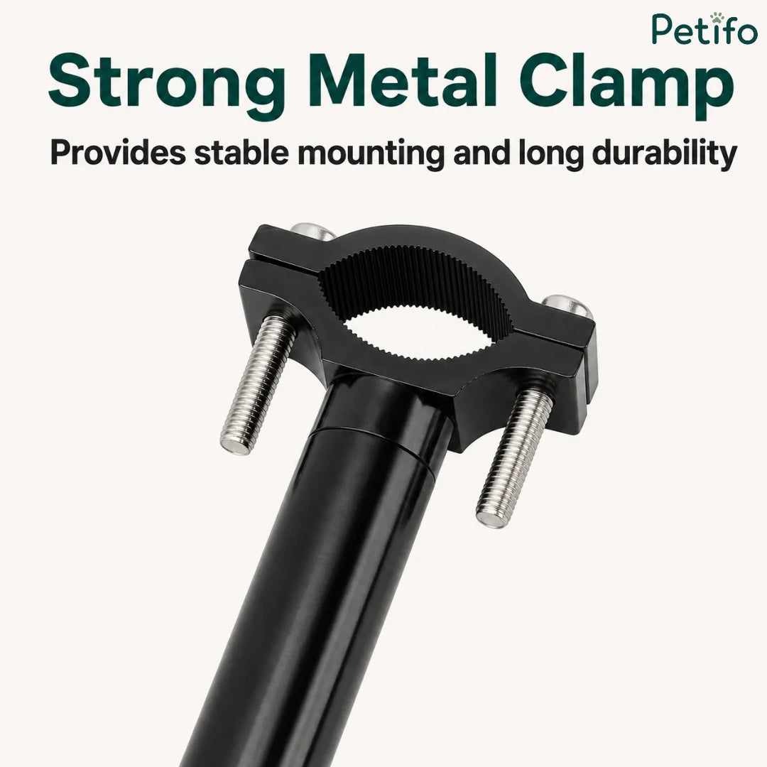 Close-up of the strong metal clamp and screws on the Petifo bicycle dog leash mounting rod.