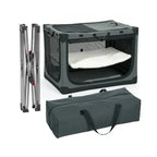 Foldable grey dog crate shown assembled alongside its collapsible metal frame and matching travel carry bag.