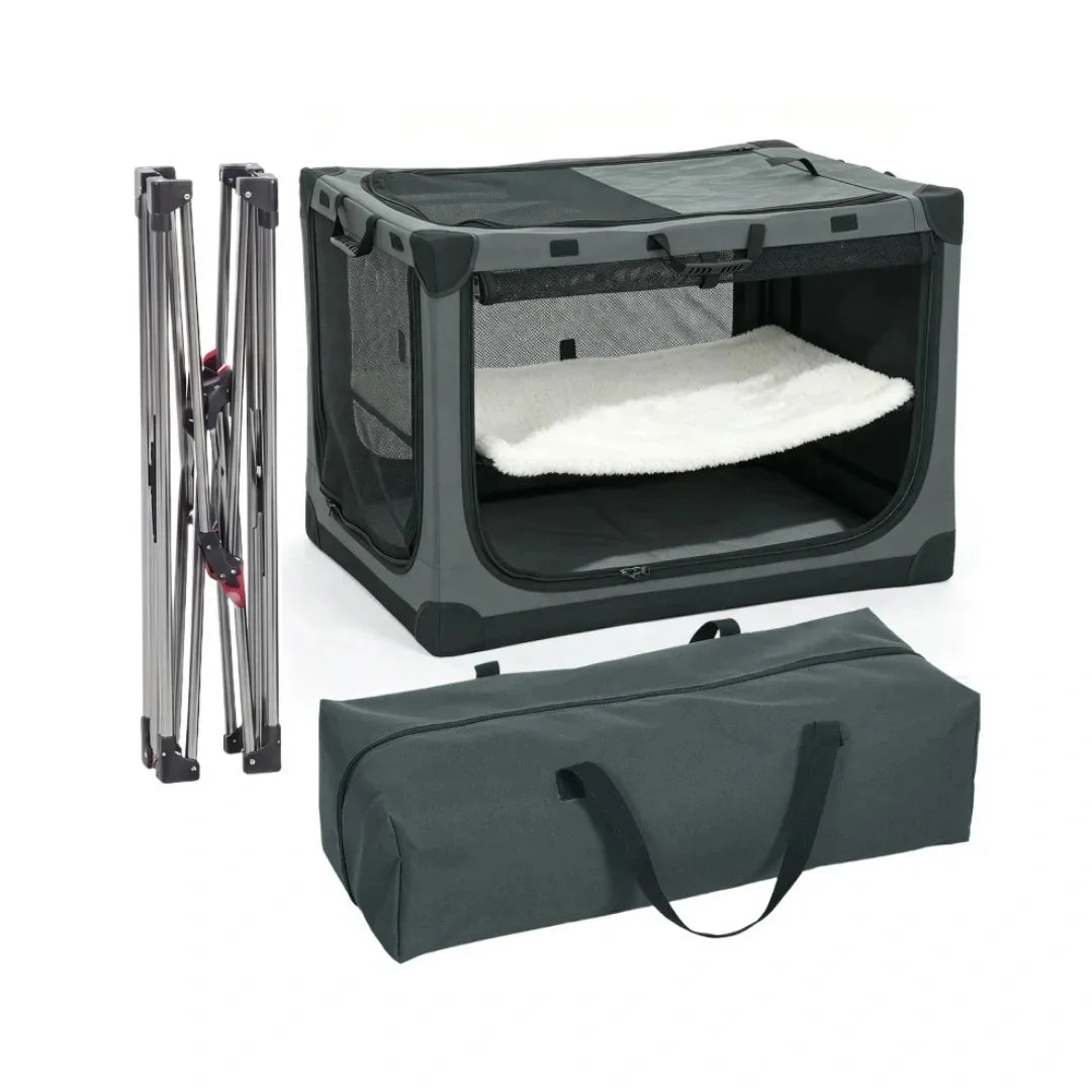 Foldable grey dog crate shown assembled alongside its collapsible metal frame and matching travel carry bag.
