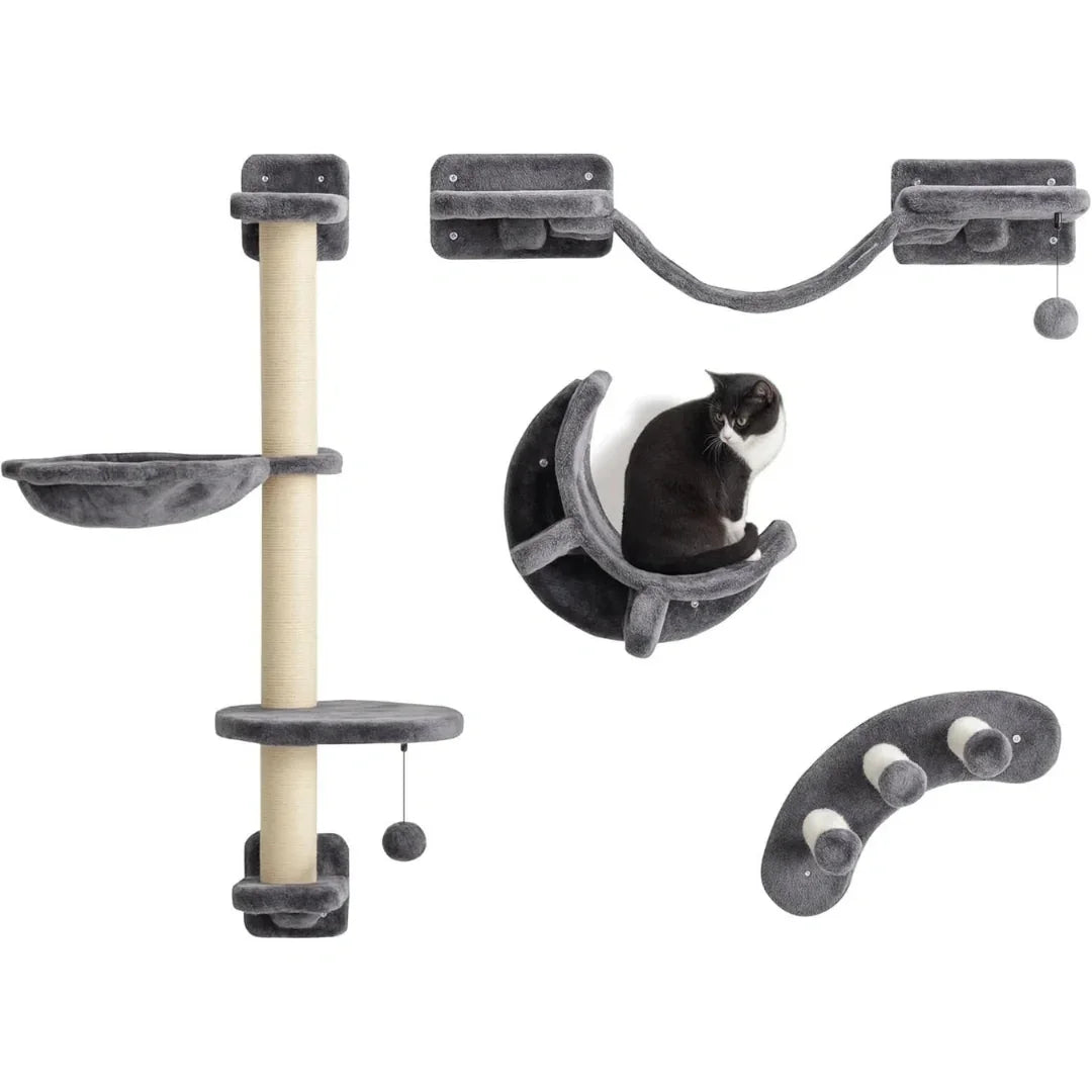 Modular wall-mounted gray cat furniture set including a scratching post, hammock, moon bed, and climbing steps against a white background.
