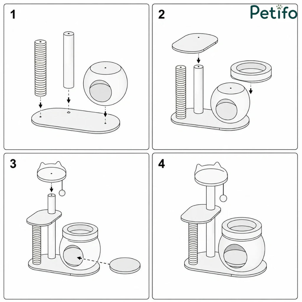 Four-step assembly diagram illustrating how to build the multi-level cat tree with scratching posts and a woven condo.