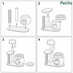 Four-step assembly diagram illustrating how to build the multi-level cat tree with scratching posts and a woven condo.
