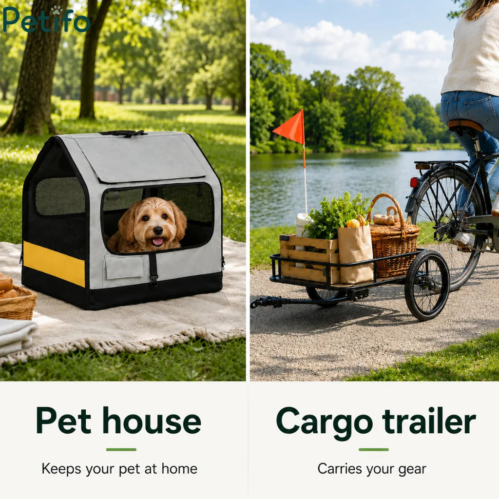 Multi-use demonstration showing the carrier functioning as a cozy indoor pet house and an outdoor cargo transport cart.