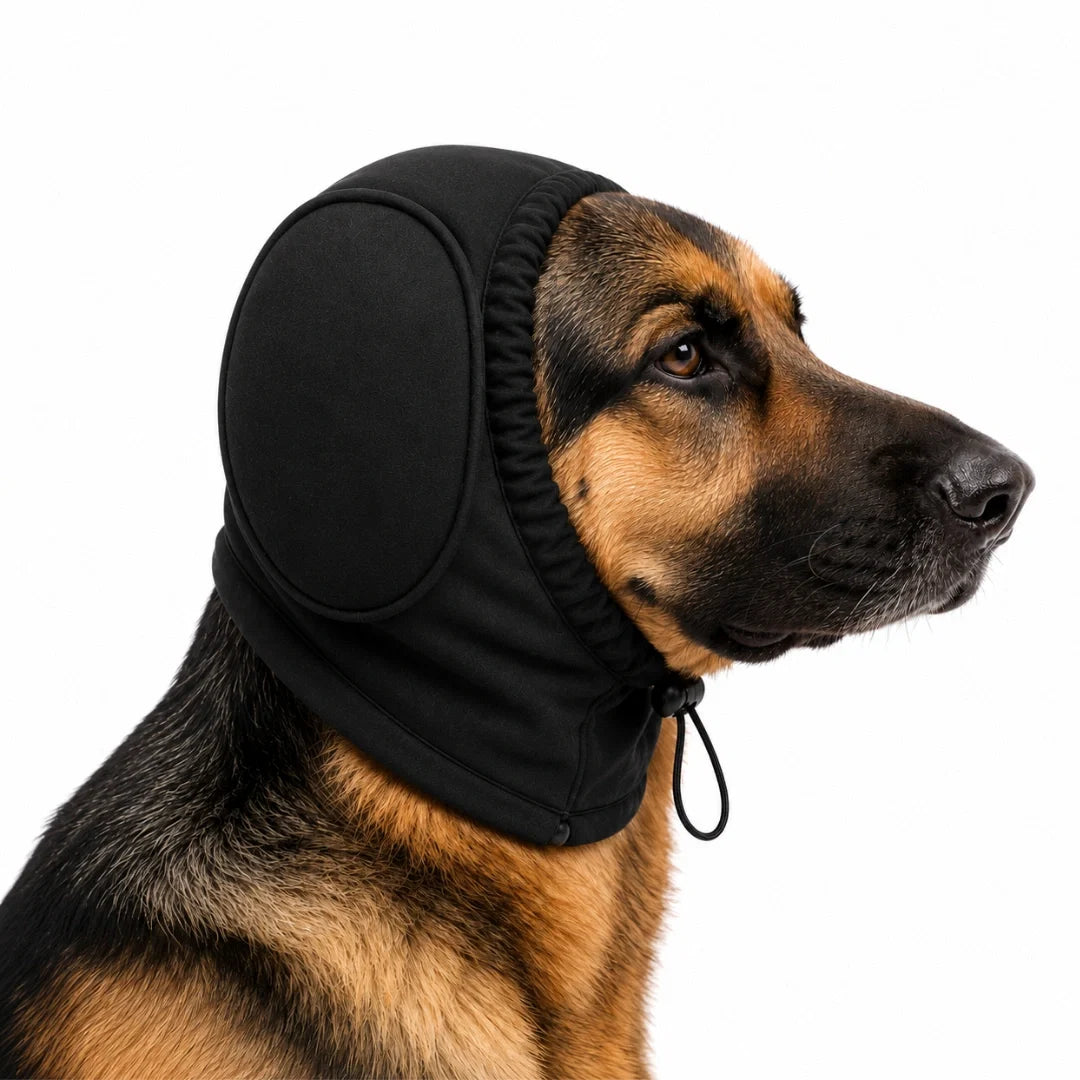 Black ear muffs for dogs worn by a German shepherd, size XL – Petifo