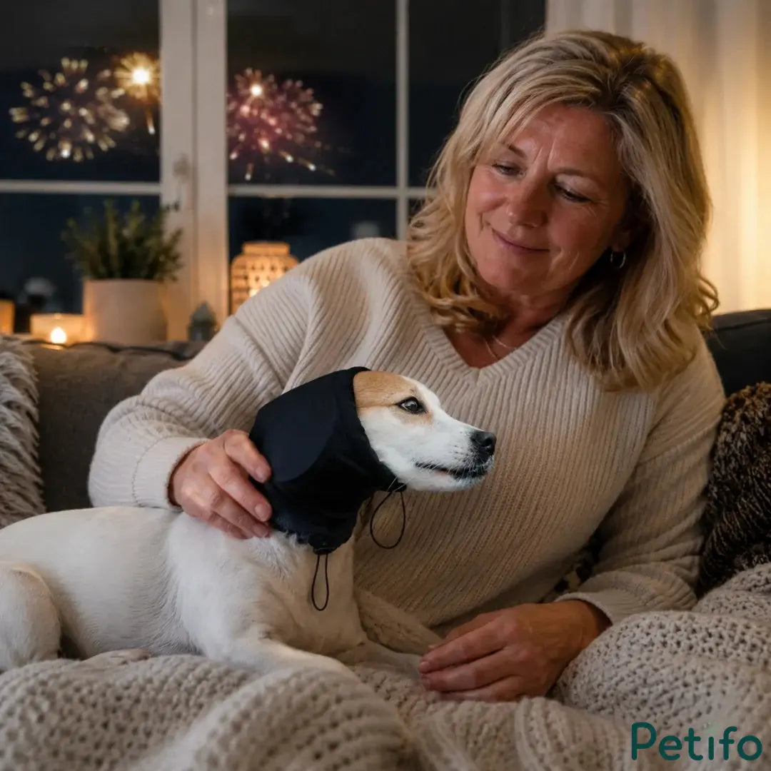 Woman gently petting and soothing a dog wearing the Petifo black anti-anxiety cap indoors near a window with fireworks outside.