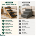 Comparison showing stable wooden pet stairs with non-slip treads versus a flimsy torn fabric pet step alternative.