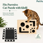 Bengal cat playing with a wooden interactive puzzle toy featuring non-slip protective pads.