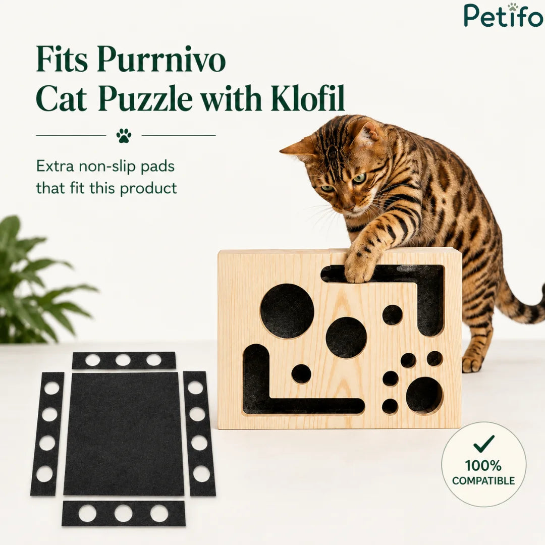 Bengal cat playing with a wooden interactive puzzle toy featuring non-slip protective pads.