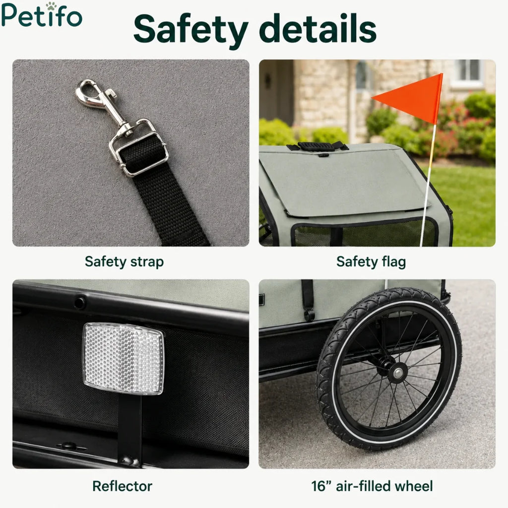 Four-panel safety details view showcasing the interior leash strap, orange visibility flag, reflective rear plate, and large pneumatic wheel.