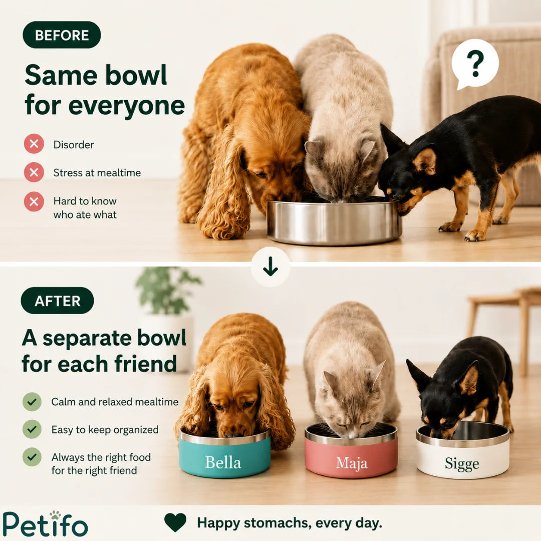 Before-and-after comparison infographic demonstrating how individual personalized pet bowls eliminate mealtime stress and keep feeding organized.