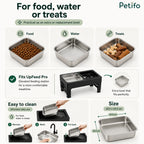 Petifo product overview infographic highlighting food, water, and treat use, compatibility with the UpFeed Pro elevated station, and size dimensions.