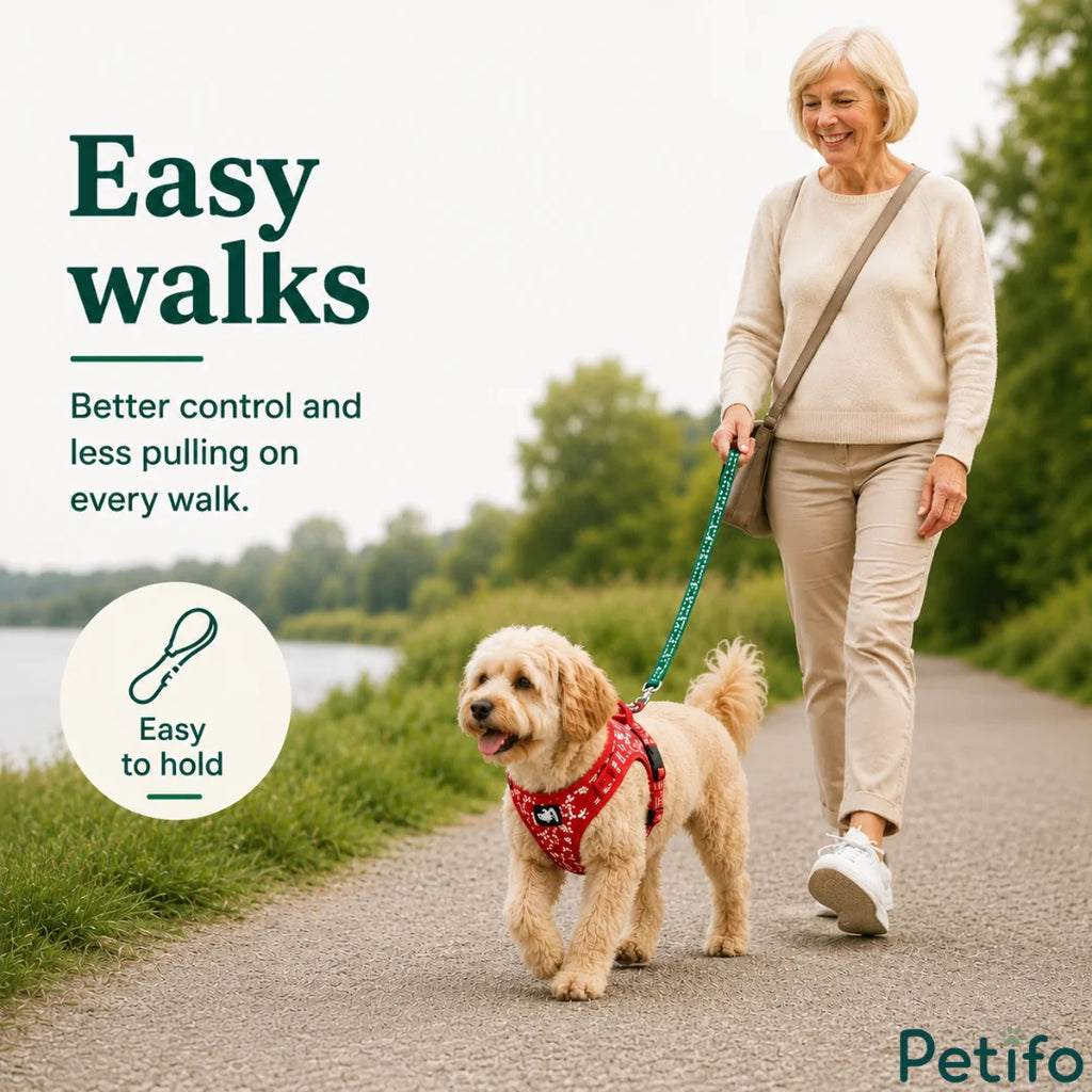 Senior woman enjoying a peaceful walk on a paved trail with her fluffy cream dog wearing a comfortable red floral harness.