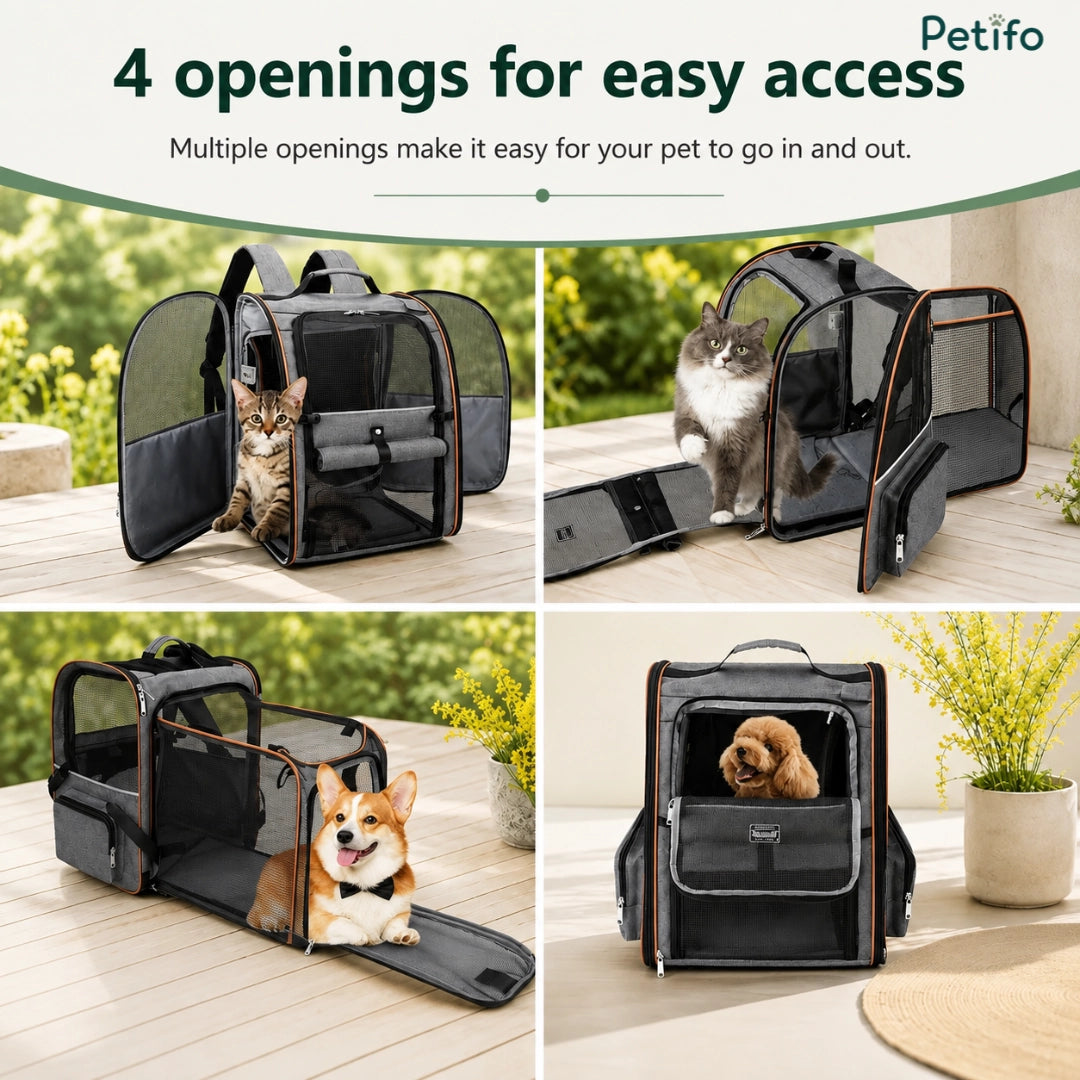 Petifo pet backpack demonstrating its 4 convenient openings for easy access and pet entry.
