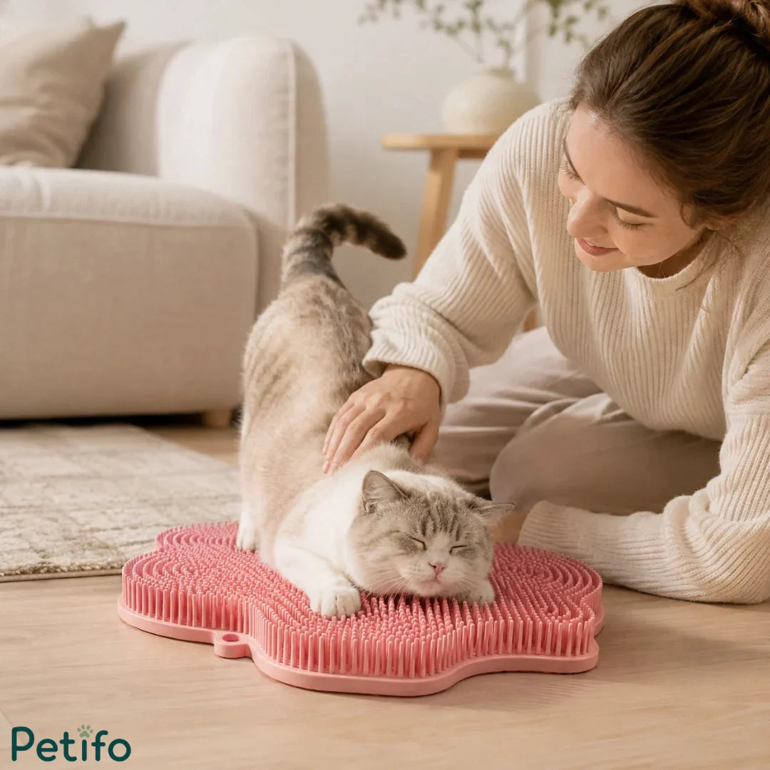 A woman gently petting a cat as it stretches out and rubs against a pink silicone self-grooming pad on the floor.