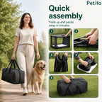 Step-by-step visual guide demonstrating how quickly the portable pet playpen folds up and packs into its travel bag.