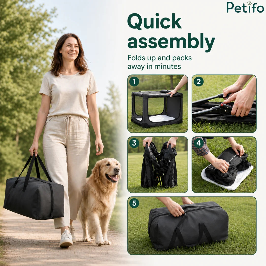 Step-by-step visual guide demonstrating how quickly the portable pet playpen folds up and packs into its travel bag.