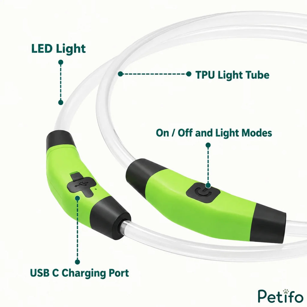 Close-up view of the LED dog collar showing the TPU light tube, USB-C charging port, and power button.