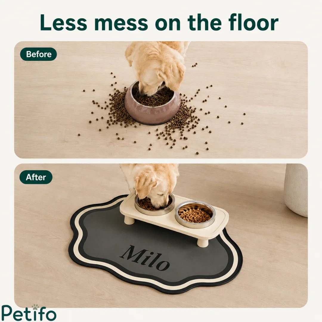 Before-and-after demonstration showing how a personalized raised bowl feeding mat prevents scattered kibble and keeps wooden floors spotless.