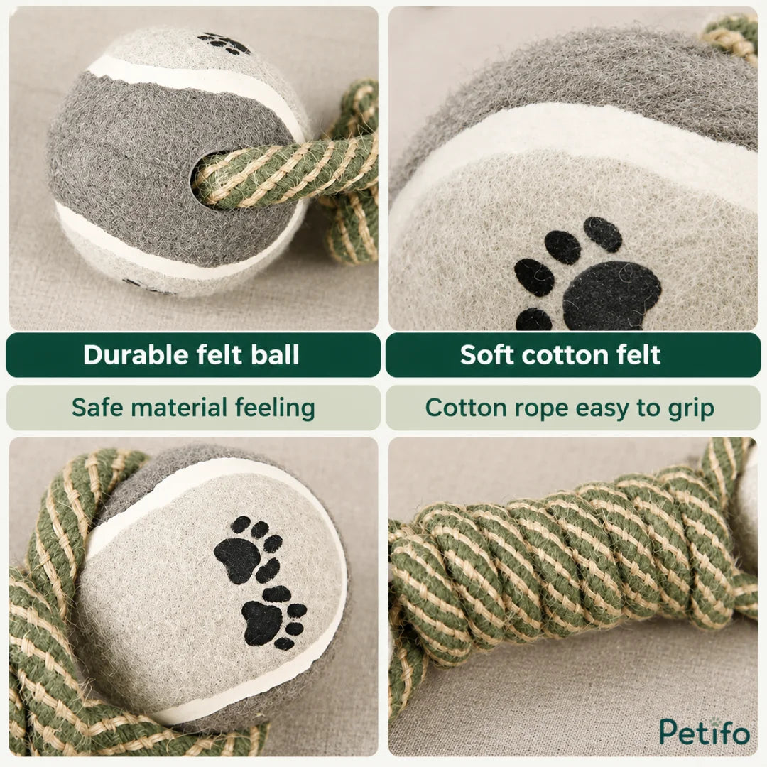 Product detail grid highlighting the durable felt balls, soft cotton material, and easy-to-grip rope of the Petifo toy.