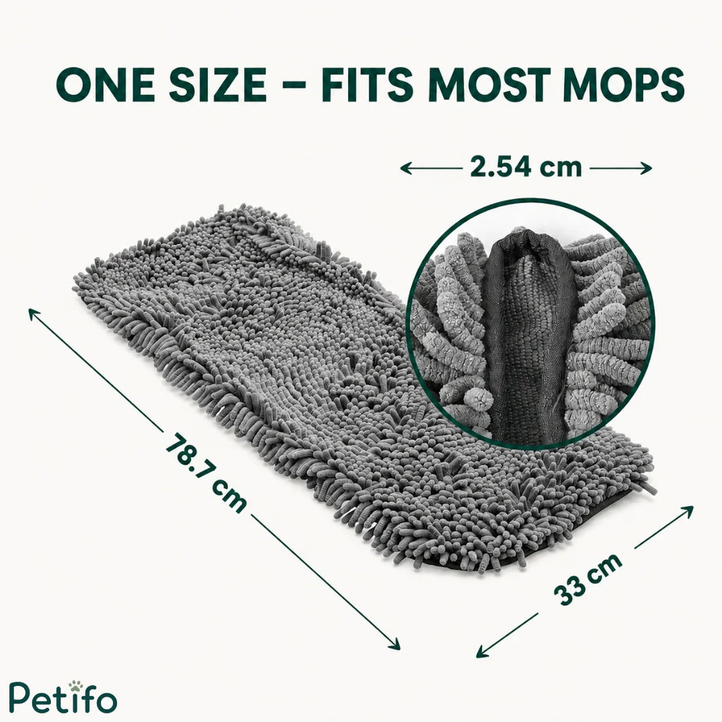 Product dimensions and size details of the grey microfiber dog towel.