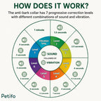 Circular infographic explaining the 7 progressive correction levels of the anti-bark collar combining varying durations of sound and vibration.