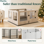 Promotional banner showcasing the Petifo wooden playpen as safer than traditional metal or plastic fences.