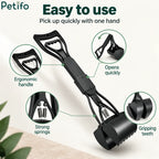 Product highlight graphic pointing out the ergonomic handle, quick-opening mechanism, strong springs, and gripping teeth.