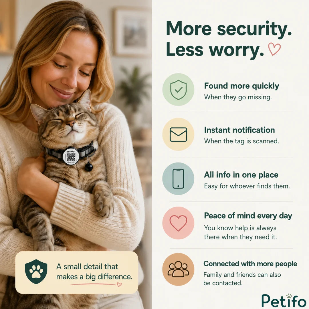 Promotional feature banner highlighting security benefits including quick recovery, instant notifications, contact storage, and daily peace of mind.